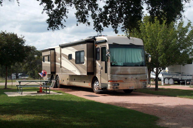 Peach Country RV Park in Stonewall Texas wine country has full-size spaces for class-A motorhomes